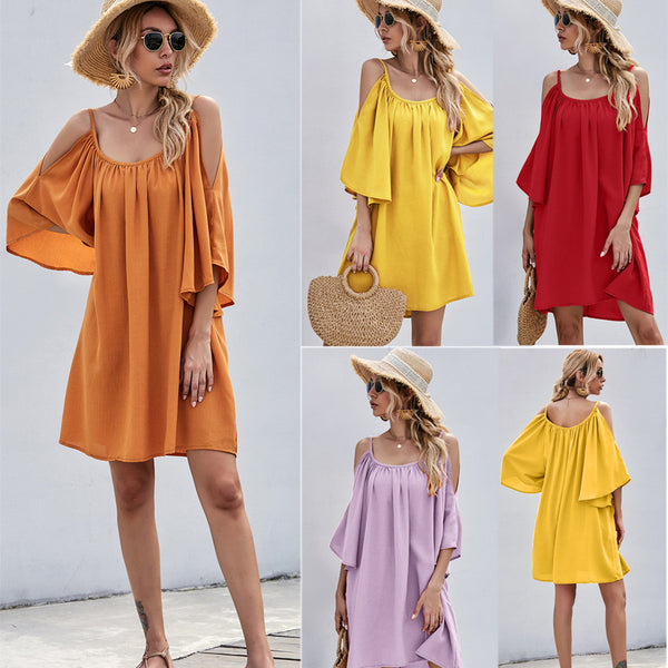 Casual Bell Sleeve Off-shoulder Dress-Lady Dresses-Zishirts