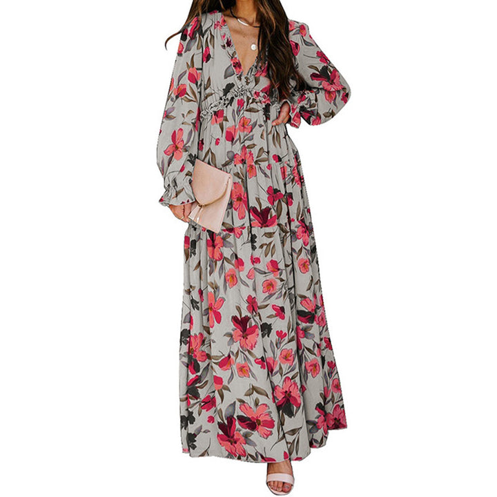 Printed Long Sleeve Dress Women's V-neck Loose-Women's Outerwear 2023-Zishirts