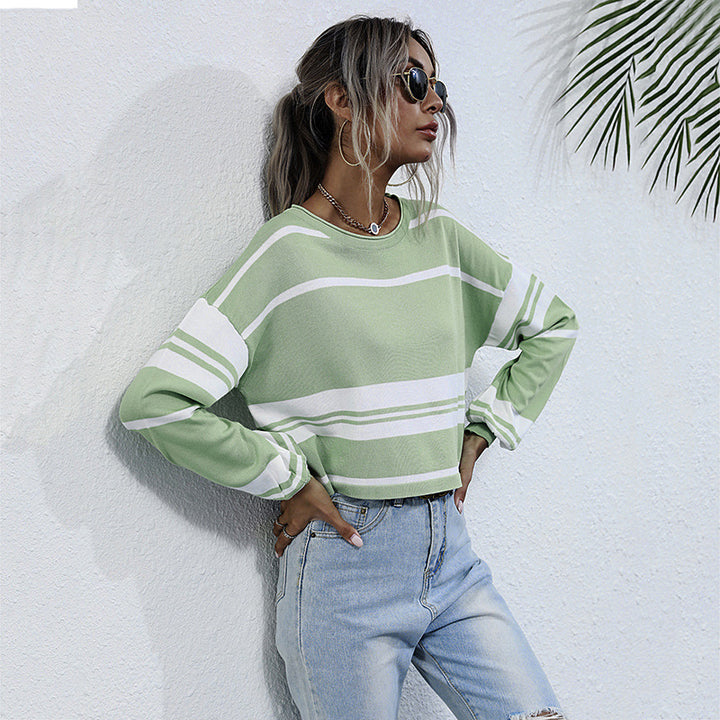Crew-neck Striped Bottomed Knit Sweater For Women-Sweaters-Zishirts