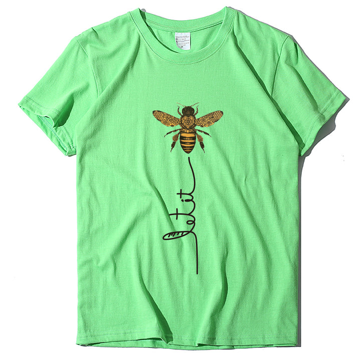 Bee And Letter Print Pattern Women's Loose T-shirt-Women's Outerwear 2023-Zishirts