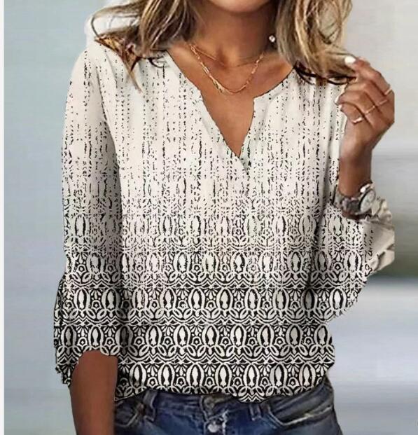 Printed V-neck Flare Sleeve T-shirt-Blouses & Shirts-Zishirts