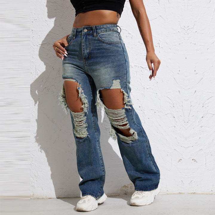 Shascullfites Melody Blue Wash Ripped Retro Stright Leg Jeans Women's Pants Denim Pants Jeans Wide Streetwear-Woman Jeans-Zishirts