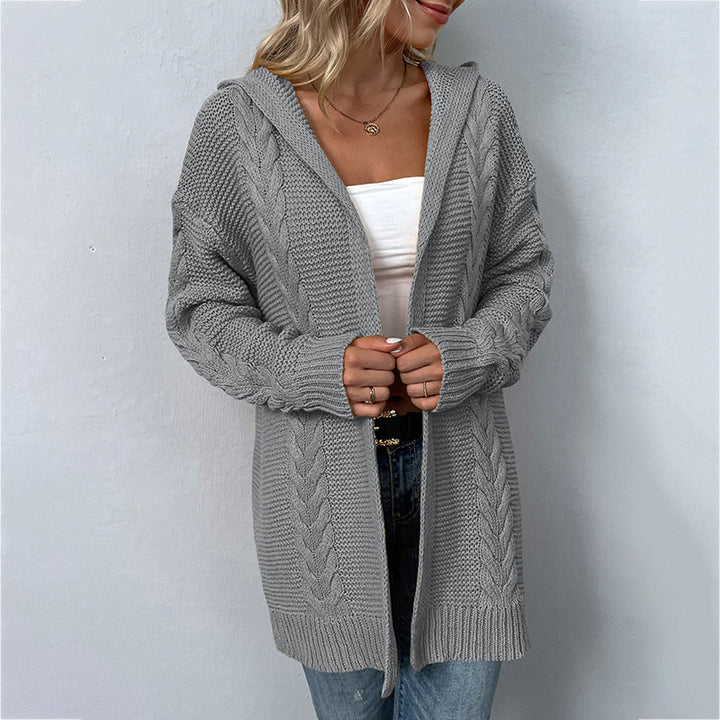 Women's Solid Color Hooded Coat Cardigan Sweater-Sweaters-Zishirts