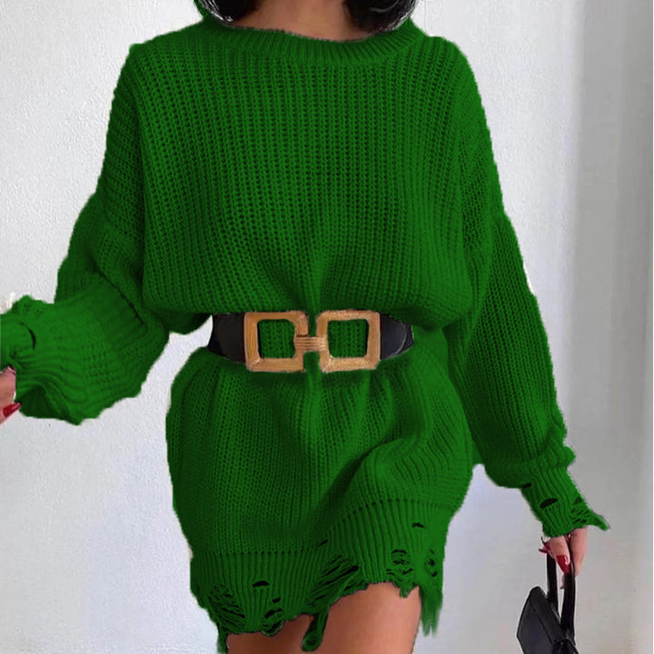 Solid Color Round Neck Long Sleeve Burrs Loose Knitted Pullover-Women's Outerwear 2023-Zishirts