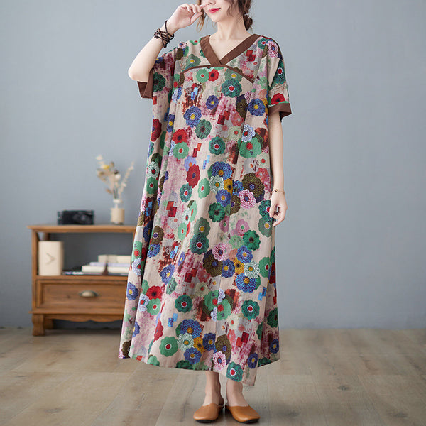 Women's Plus Size Retro V-neck Loose And Slim Cotton And Linen Dress-Lady Dresses-Zishirts