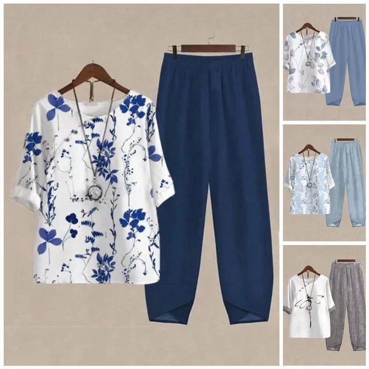 Casual Round Neck Half Sleeve Digital Printing Top Two-piece Set-Suits & Sets-Zishirts