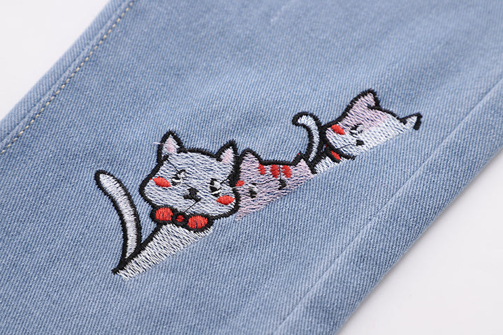 Fashion Embroidered Cat Denim Trousers For Women-Womens 2024 March-Zishirts