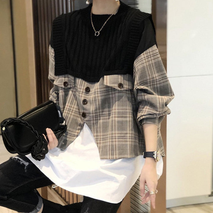 New Loose Shirt Splicing Knitwear Women Fake Two Pieces Western Style Shirt-Sweaters-Zishirts