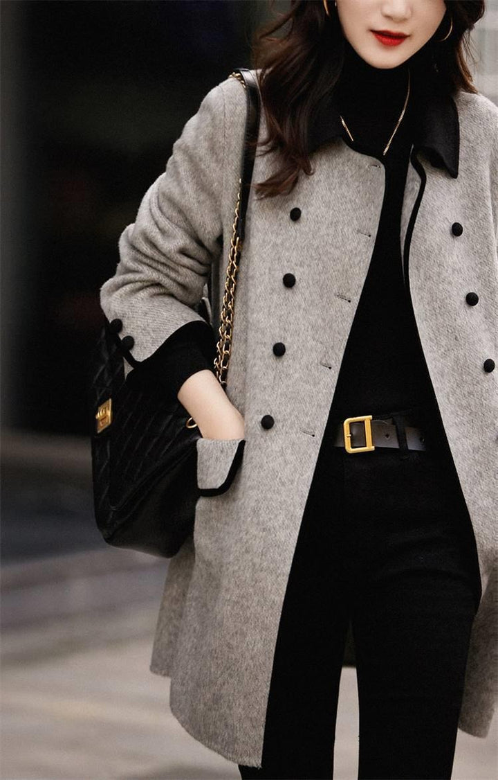 Casual Contrast Color Peter Pan Collar Reversible Woolen Coat-Jackets-Zishirts