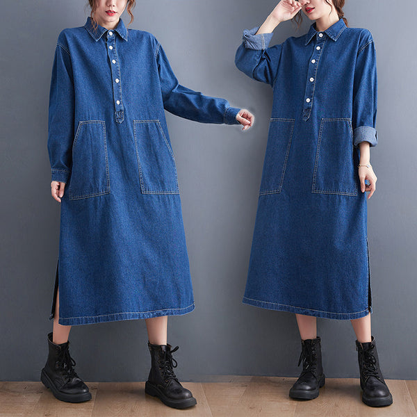 Large Size Denim Long Sleeve Pullover Dress Girl-Lady Dresses-Zishirts