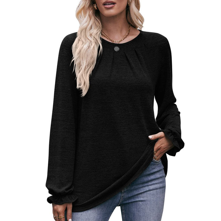 Autumn Women's Casual Round Neck Pleated Brushed T-shirt Long Sleeve Top-Blouses & Shirts-Zishirts