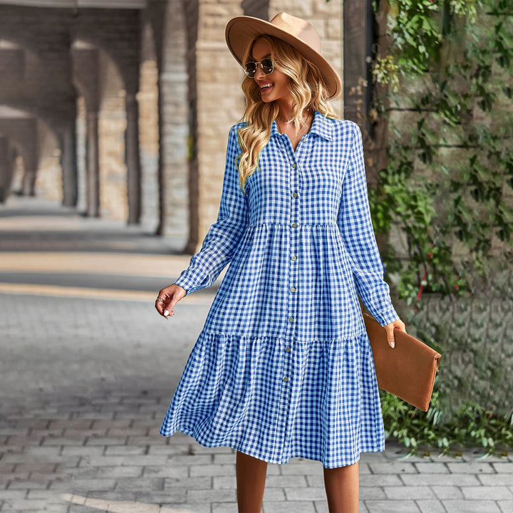 Wide Hem Long Sleeve Dress Plaid Casual Dress-Lady Dresses-Zishirts