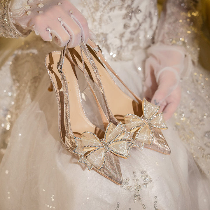 French Crystal High Heels Bow Wedding Rhinestone Pointed Toe Stiletto Summer Women's Sandals Gold Bridal Shoes-Womens Footwear-Zishirts
