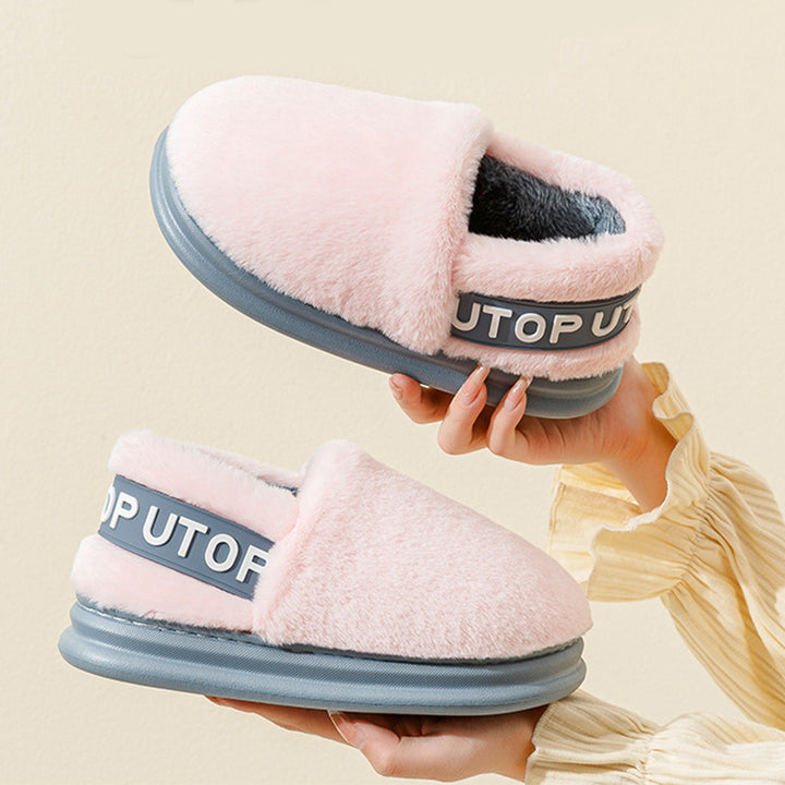 Winter Letter Cotton Shoes With Heel Garden Outdoor Indoor Floor Home Slippers Thick-soled Plush Slippers Women Men Couple-Womens Footwear-Zishirts