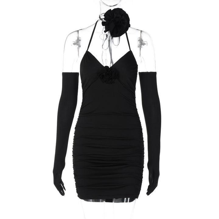 V-neck Black Rose Halter Lace-up Gloves Slimming Sheath Dress-Women's Outerwear 2023-Zishirts