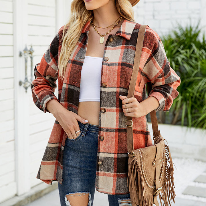 Women's Long-sleeved Plaid Shirt Mid-length Woolen Coat-Blouses & Shirts-Zishirts