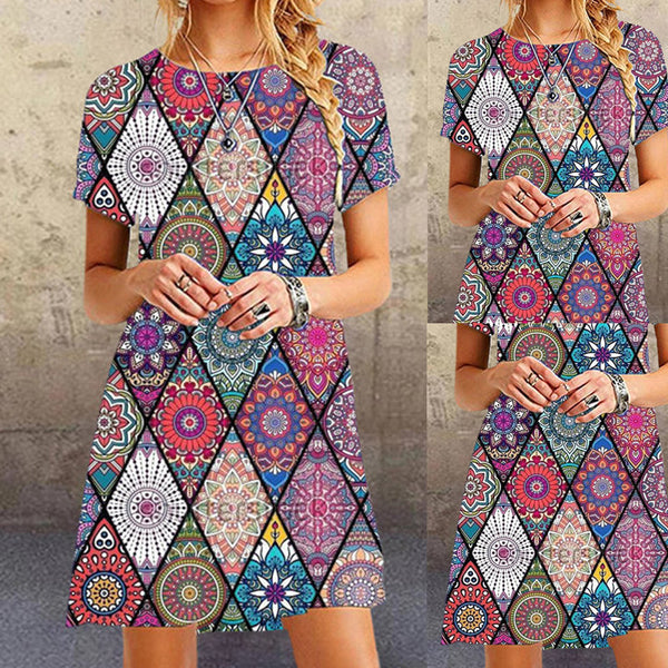 Summer New Round Neck Printed Casual Ultra-short Dress-Lady Dresses-Zishirts