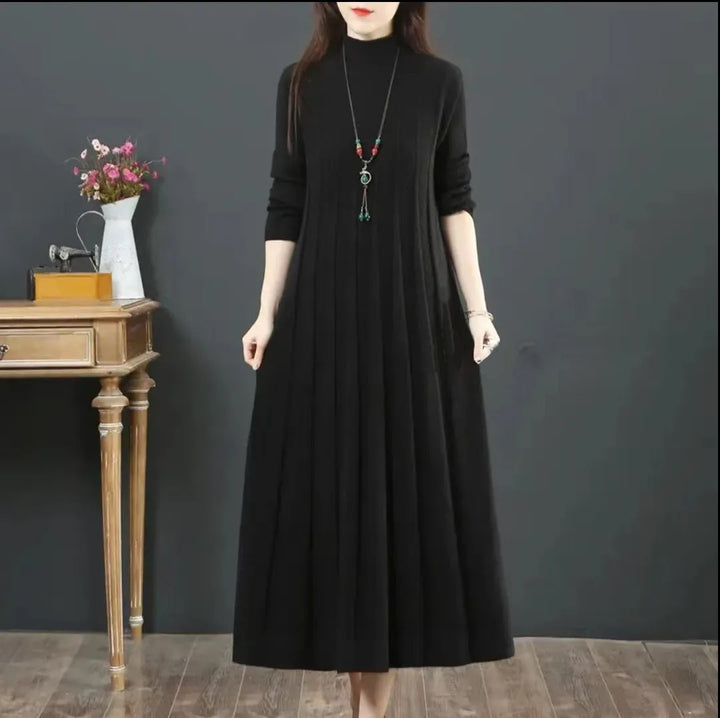 Women's Loose Solid Color Sweater Pleated Dress-Lady Dresses-Zishirts