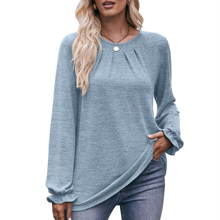 Autumn Women's Casual Round Neck Pleated Brushed T-shirt Long Sleeve Top-Blouses & Shirts-Zishirts