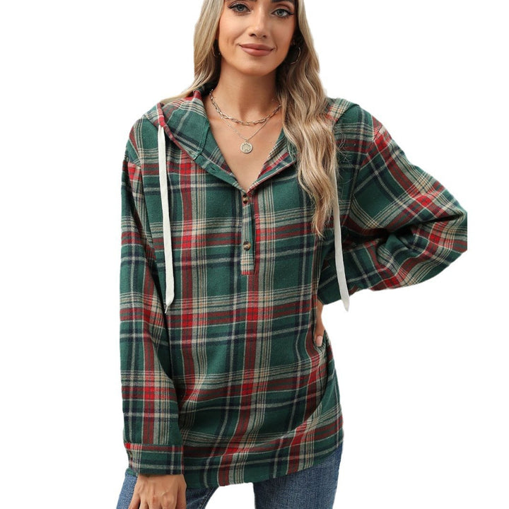 Fashion Plaid Print Hooded Sweatshirt With Button Loose Long Sleeve Hoodies Leisure Sports Top For Womens Clothing-Jackets-Zishirts