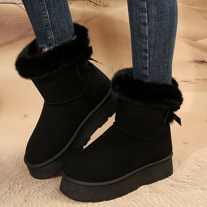 New Bow-knot Snow Boots Winter Plus Velvet Warm Thick-soled Ankle Boots For Women Simple Daily Leisure Cotton Shoes-Womens Footwear-Zishirts