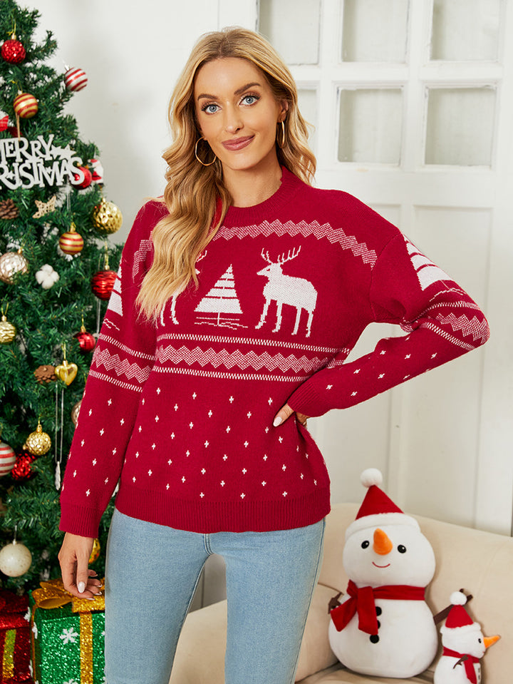 Women's Pullover Deer Jacquard Christmas Holiday Sweater-Sweaters-Zishirts