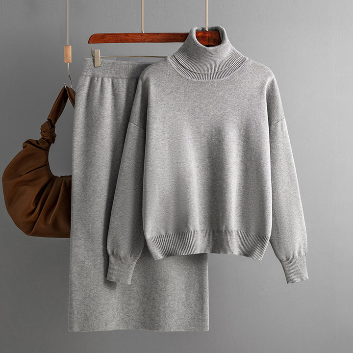 Solid Color Turtleneck Sweater Sheath Skirt Two-piece Set Autumn And Winter-Suits & Sets-Zishirts