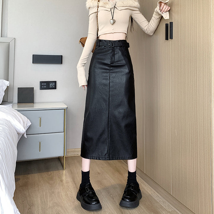 Coffee Colored High Waisted PU Leather Skirt For Women-Women's Outerwear 2023-Zishirts