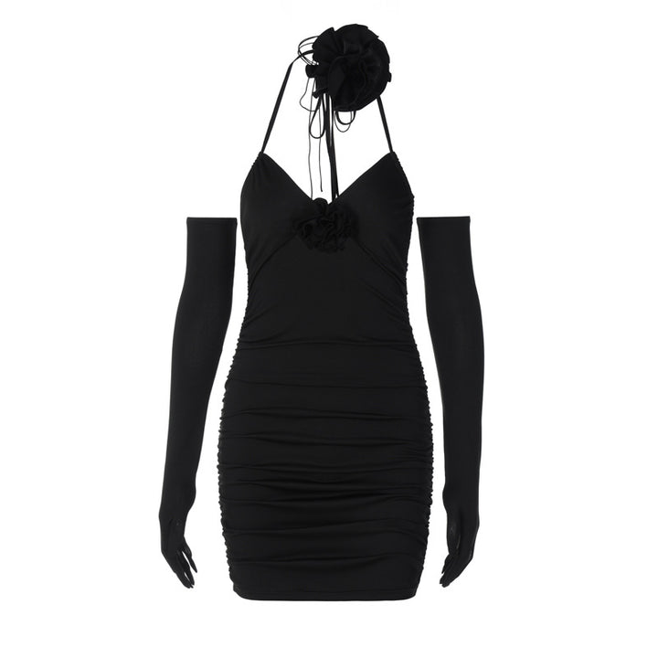 V-neck Black Rose Halter Lace-up Gloves Slimming Sheath Dress-Women's Outerwear 2023-Zishirts