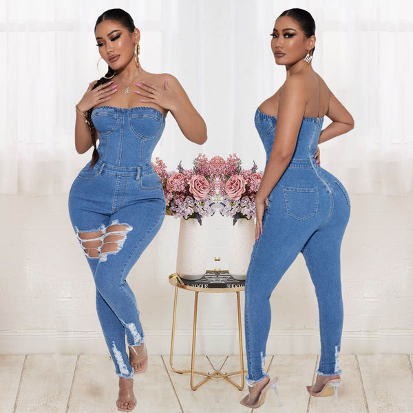 Women's Tube Top Slim Fit Denim Jumpsuit-Women's Outerwear 2023-Zishirts