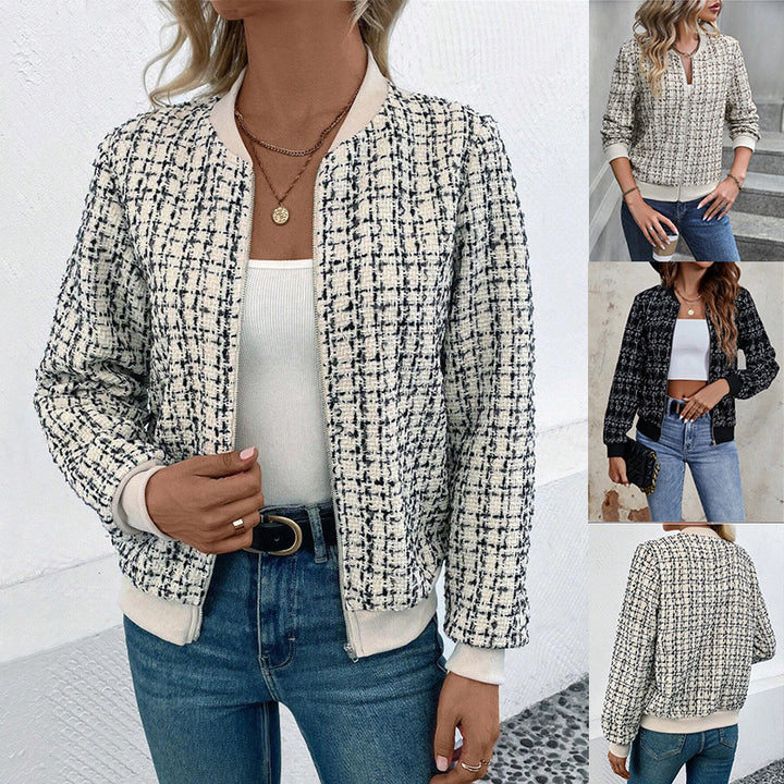 Fashion Plaid Zipper Short Jacket Autumn And Winter Casual Long Sleeve Baseball Clothing Women's Outwear Tops-Jackets-Zishirts