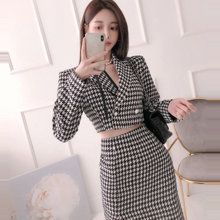 Slim Fit Houndstooth Coat Women-Suits & Sets-Zishirts