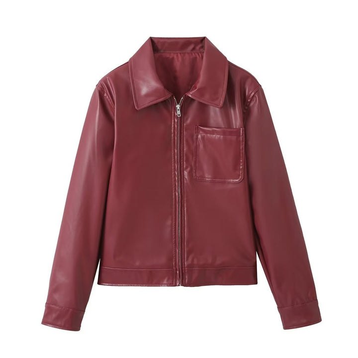 Retro Fashion Polo Collar Advanced PU Leather Jacket Coat-Women's Outerwear 2023-Zishirts