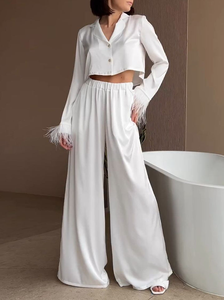 Women's Stylish Temperament Long Sleeves Shirt High Waist Wide Leg Pants Suit-Suits & Sets-Zishirts