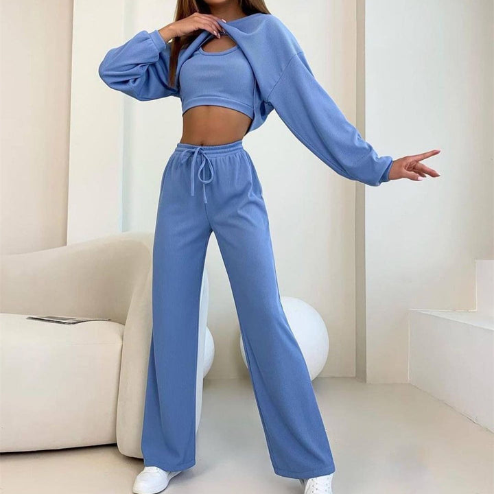 Women's Fashion Round Neck Short Long-sleeved Top And Trousers Suit-Suits & Sets-Zishirts