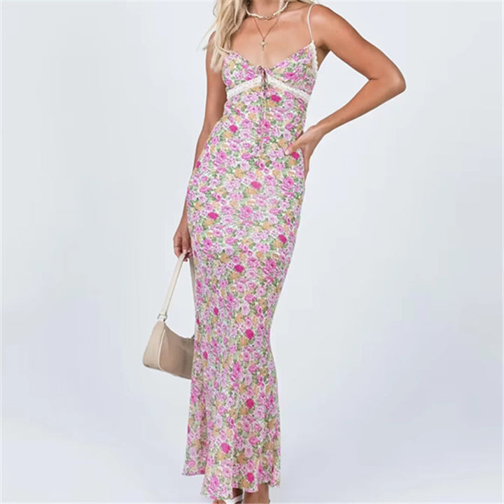 European And American Ins Blogger V-neck Lace Floral Slip Dress-Womens 2024 March-Zishirts