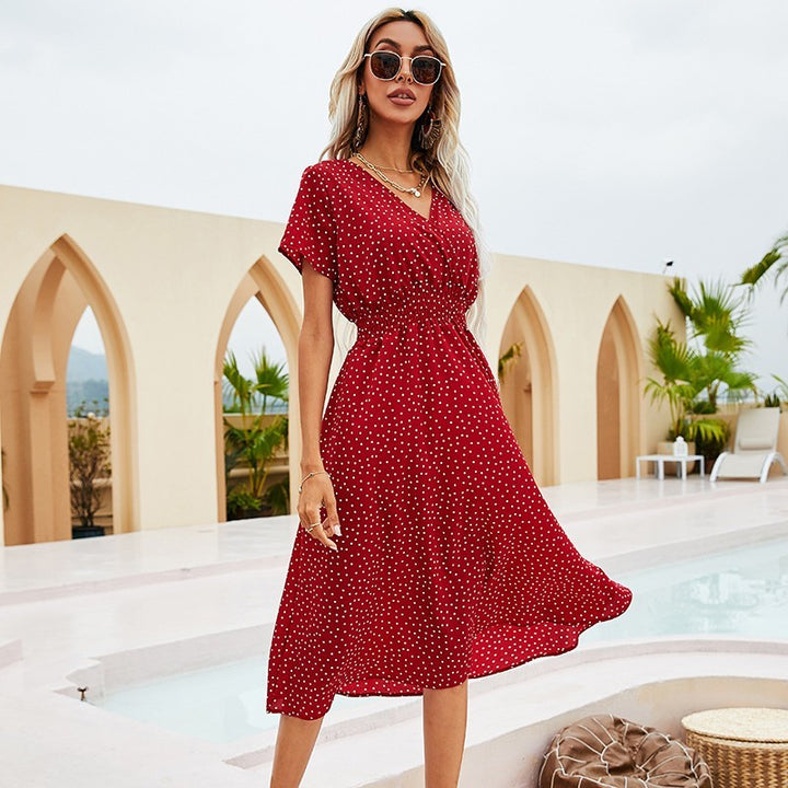 Summer Polka Dot Short Sleeve Waist-tight Dress-Lady Dresses-Zishirts