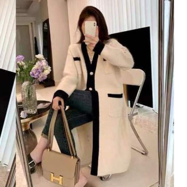 Contrast Color Large Size Long Sweater Coat Design Sense Niche Knitted Cardigan Top-Sweaters-Zishirts