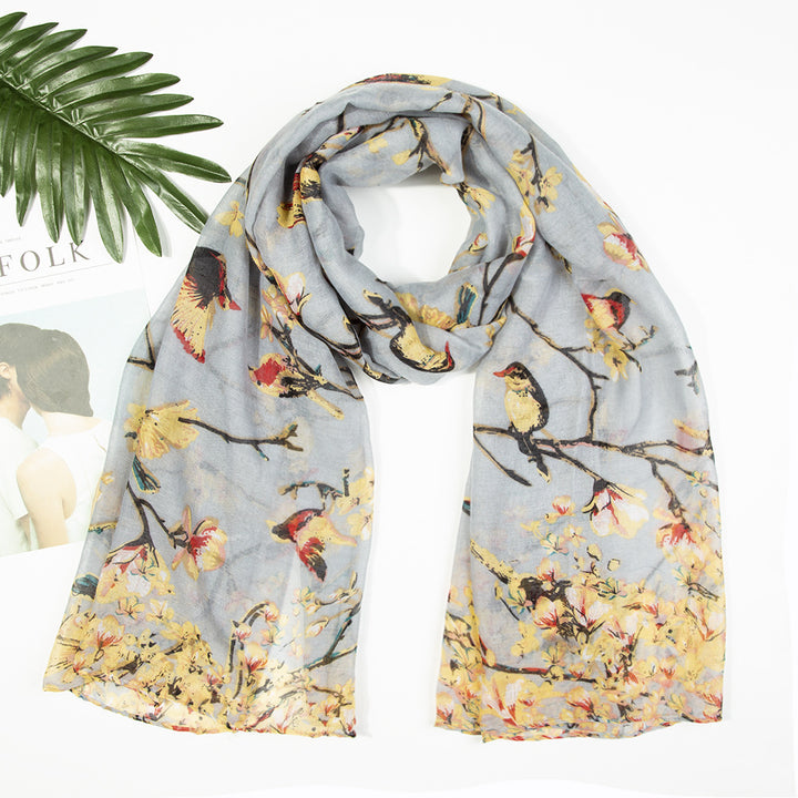 Yarn Branches Bird Magpie Print Paris Scarf-Scarves & Wraps-Zishirts