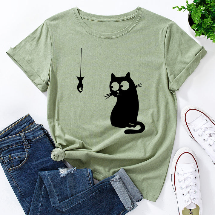 Women's Cute Cat Loose Round Neck Cotton Short Sleeve-Women's Outerwear 2023-Zishirts