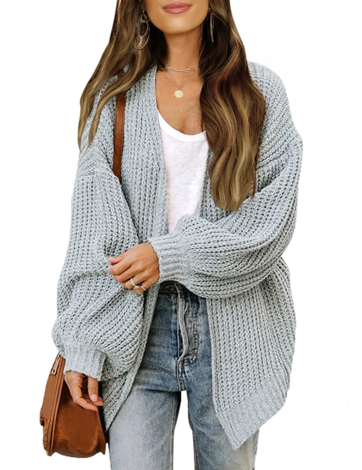 Fashion Lantern-sleeved Sweater With Pockets Casual Loose Solid Knit Cardigan Autumn Tops Womens Clothing-Jackets-Zishirts