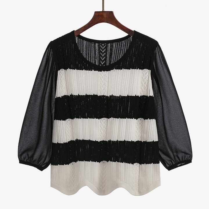 Round Neck Sweet Stitching Long Sleeve Loose Striped Sweater-Sweaters-Zishirts