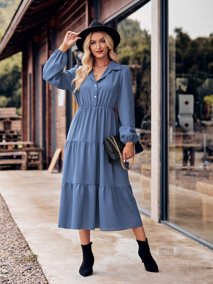 Solid Color Casual Shirt Collar Waist-controlled Long Sleeves Dress-Lady Dresses-Zishirts