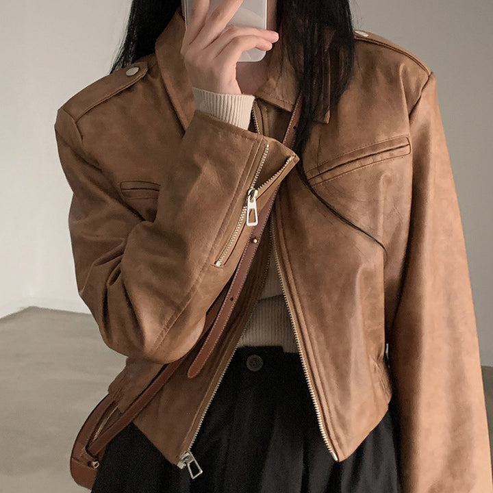 Solid Color Zipper Small Loose Lapels Fashion American Leather Coat Women's-Jackets-Zishirts