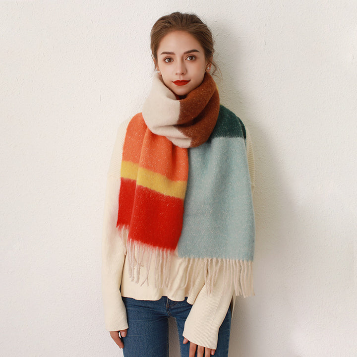 Striped Plaid Fringed Cashmere Mohair Scarf-Scarves & Wraps-Zishirts