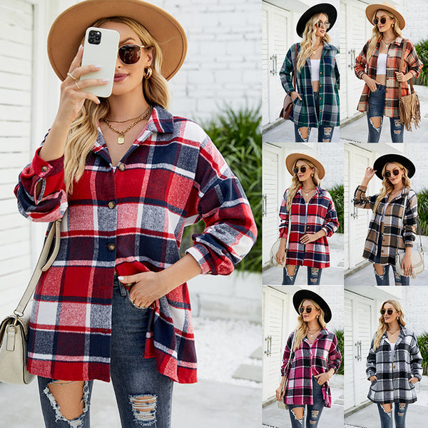 Women's Long-sleeved Plaid Shirt Mid-length Woolen Coat-Blouses & Shirts-Zishirts