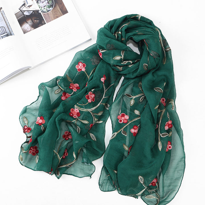 Women's Chiffon Flower Embroidered Silk Scarf Beach Shawl-Scarves & Wraps-Zishirts