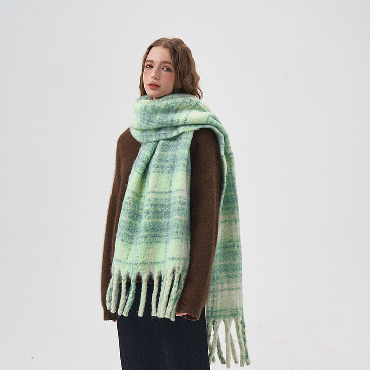 Women's White And Green Plaid Scarf-Scarves & Wraps-Zishirts