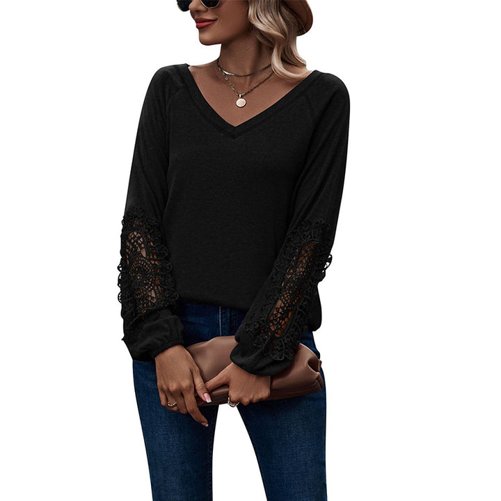 Loose Casual V-neck Lace Lace Long-sleeved-Blouses & Shirts-Zishirts