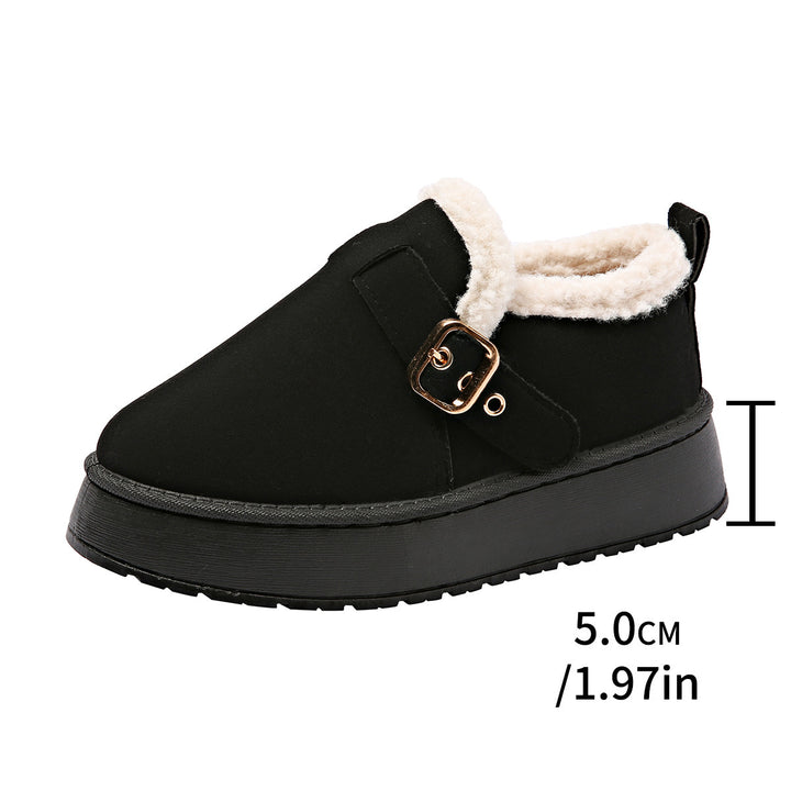 Fashion Round Toe Ankle Boots With Buckle Design Winter Warm Thickened Cotton Shoes Suede Flat Boot For Women-Womens Footwear-Zishirts